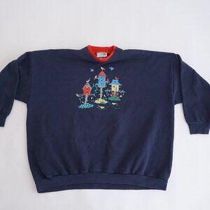 Vintage Morning Sun Navy Birdhouse Sweatshirt Cottagecore Grandmacore 2X
